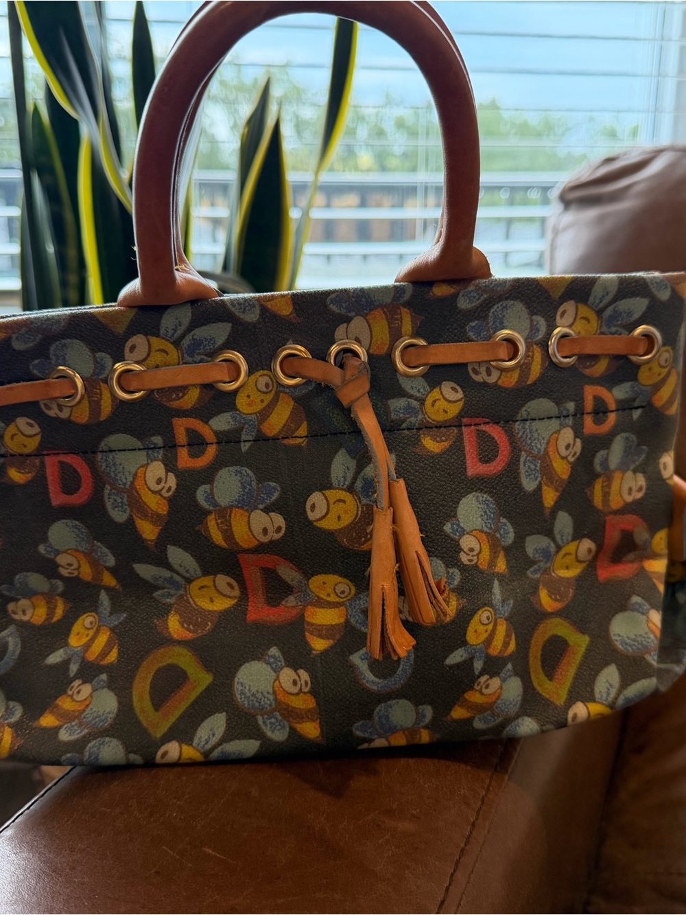 Dooney & Bourke Brown Bee Print Tote with Tan Trim